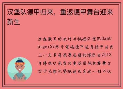 汉堡队德甲归来，重返德甲舞台迎来新生